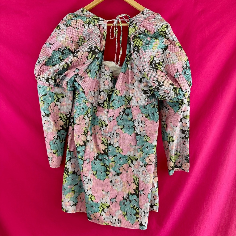 ASOS Curve Puff Sleeve Floral Mini Dress Plus Size 22 Long Sleeve Open Back Tie - Picture 11 of 14